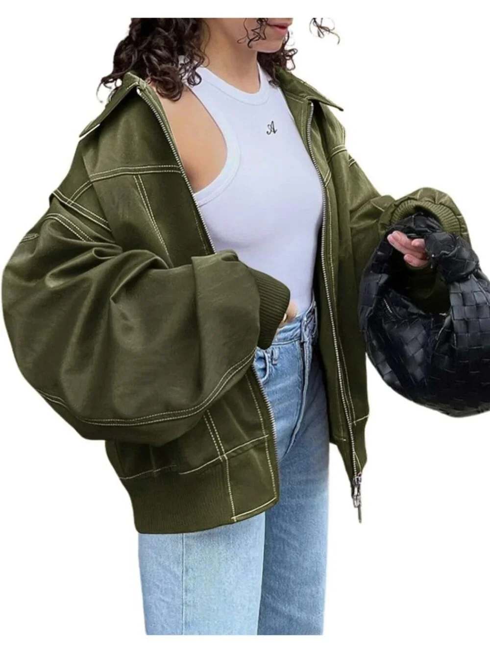 Women's Green Faux Leather Motorcycle Jacket Oversized Zip Up Loose Winter Coat